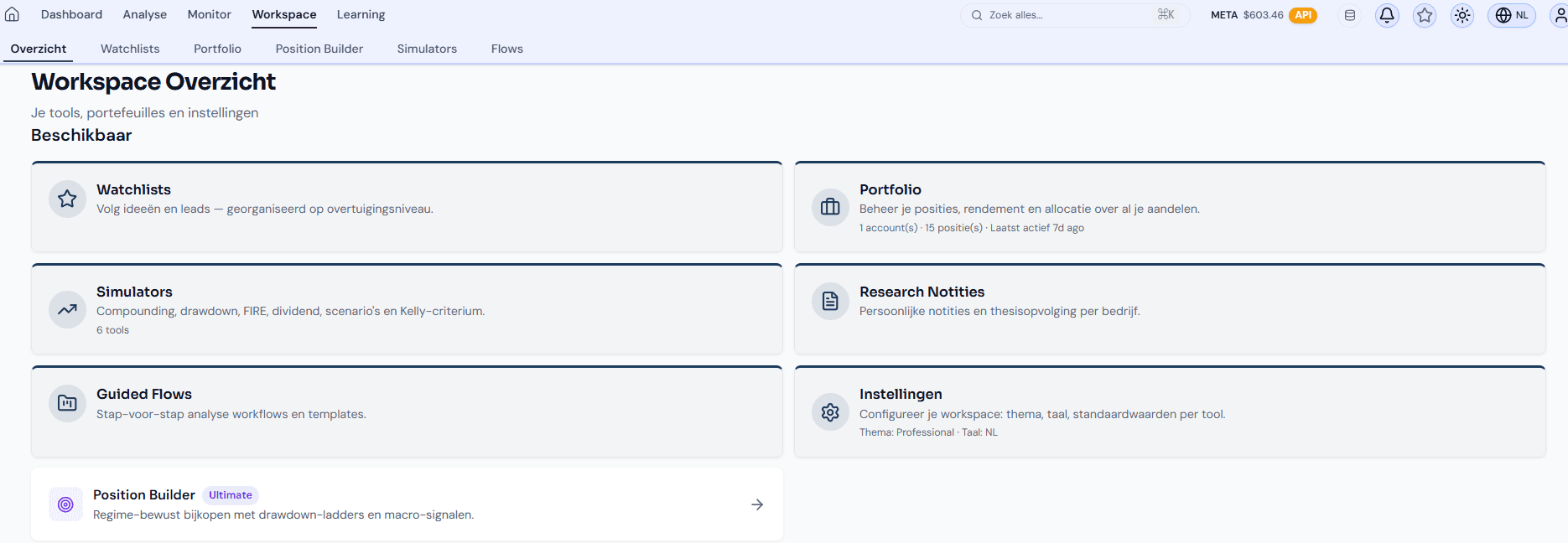 Pinqa Workspace overzicht — alle tools op één plek: watchlists, portfolio, simulators, research notities, guided flows en instellingen
