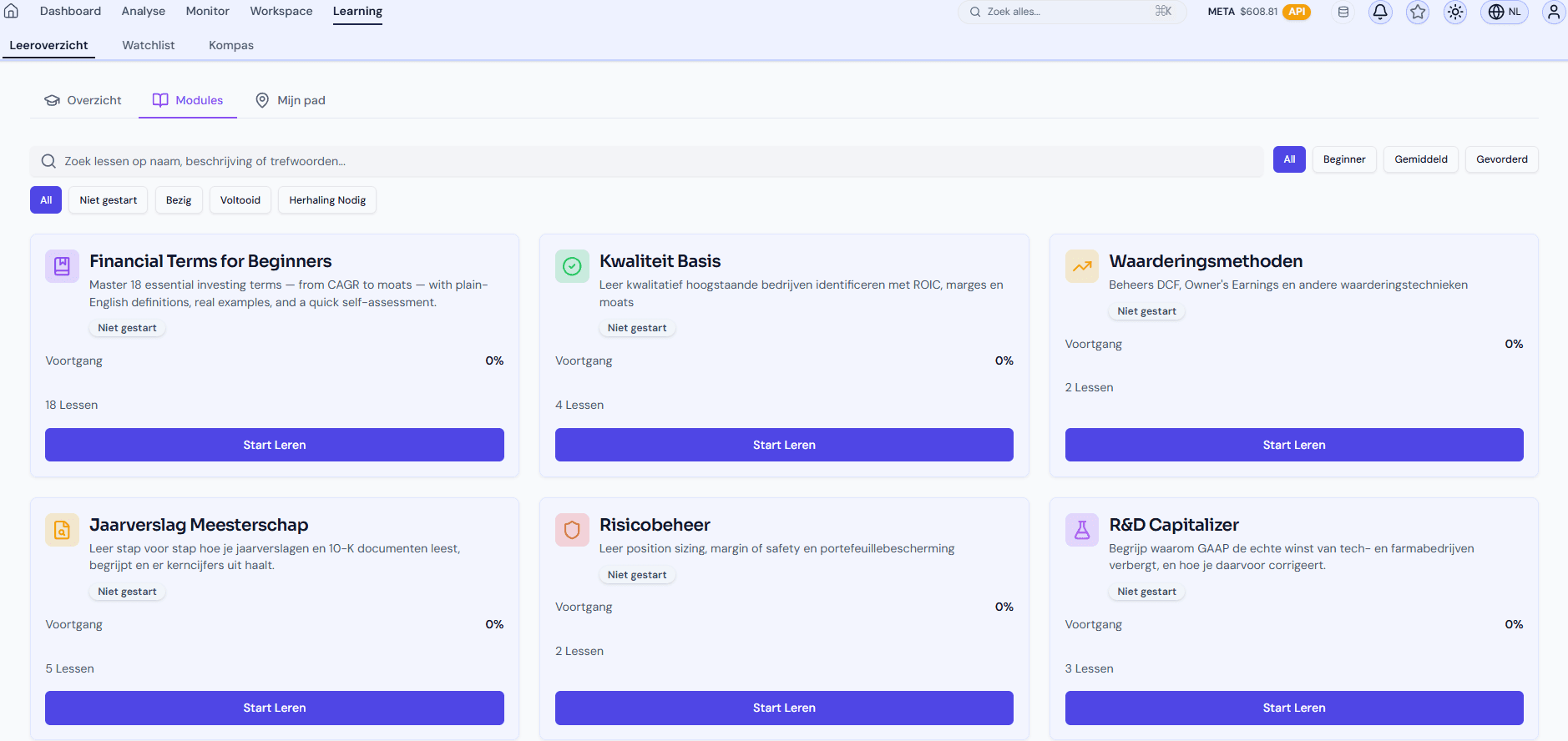 Pinqa Learning Academy — modules zoals Financial Terms, Kwaliteit Basis, Waarderingsmethoden en Jaarverslag Meesterschap