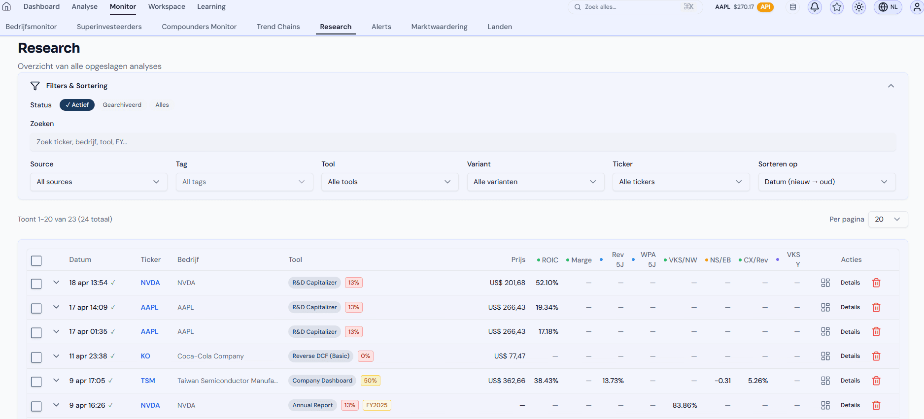 Pinqa Research overzicht — opgeslagen analyses van NVDA, AAPL, KO en TSM met R&D Capitalizer, Reverse DCF en Company Dashboard